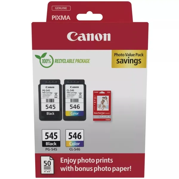 Canon PG-545 Negro + CL-546 Color Cartuchos de Tinta Originales + 50 Hojas Papel Fotográfico