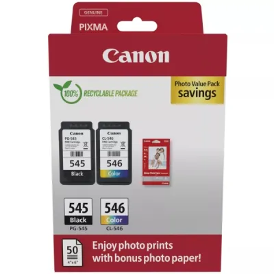 Canon PG-545 Negro + CL-546 Color Cartuchos de Tinta Originales + 50 Hojas Papel Fotográfico