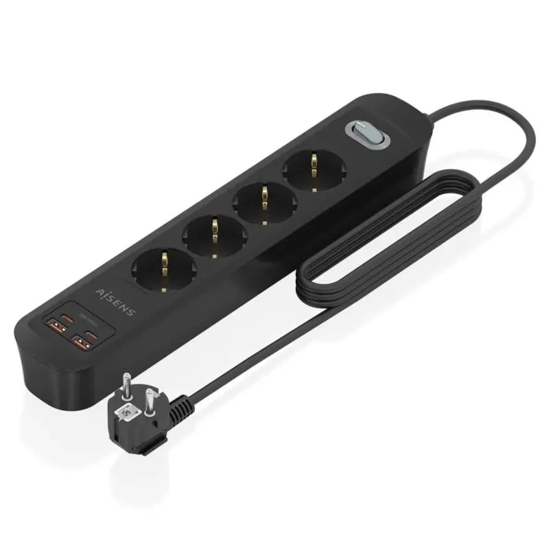 Aisens Regleta 4 Tomas Schuko con 2xUSB-C y 2xUSB-A, 1.4m, Interruptor LED, Power Delivery, Qualcomm 3.0, Negro