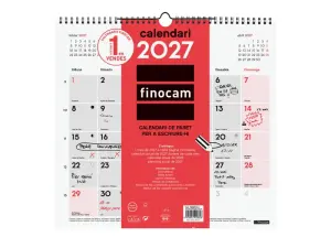 Finocam Calendario de Pared Anual 2027 en Catalán - Formato L - 340x320mm - Espiral Doble - Rojo y Blanco