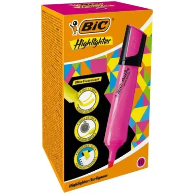 Bic Marking Highlighter Flat Marcador Fluorescente - Punta Biselada - Trazo Entre 1.70 Y 4.80 Mm - Tinta Con Base De Agua - Color Rosa
