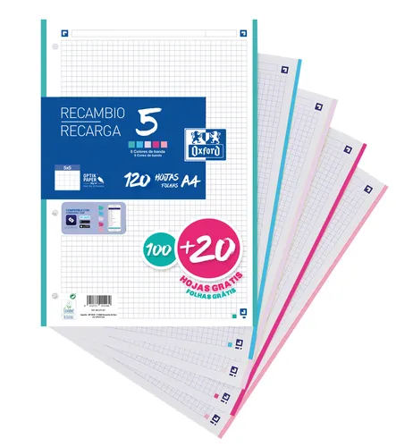 Oxford Recambio Classic A4 Sueltas 90g 5x5mm 4 Taladros 5 Bandas Colores Pastel