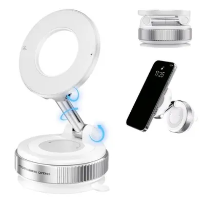 XO C169 Soporte Magnético para Coche - Fijación por Vacío, Rotación 360º, Brazo Extensible, Multisuperficie, Botón de Liberación, Aro Metálico Incluido, Color Blanco