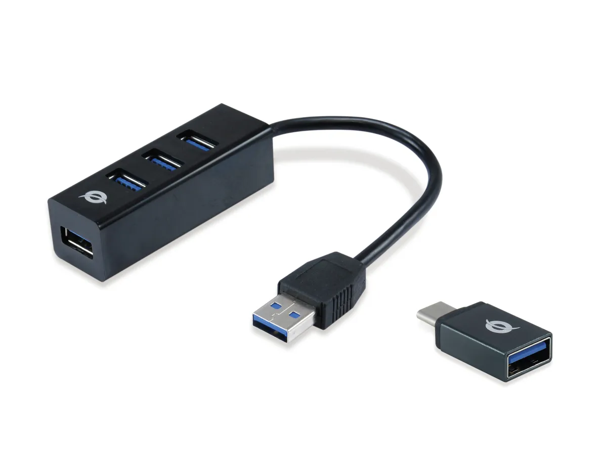 Hub Usb 3.0 Conceptronic Hubbies04B 4 Puertos Negro Y Adaptador Usb-C