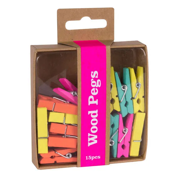 Apli Fluor Collection Pinzas De Madera - 15 Unidades De Colores Fluorescentes - Caja Kraft Con Eurohole - Recambio Para Expositor 15146
