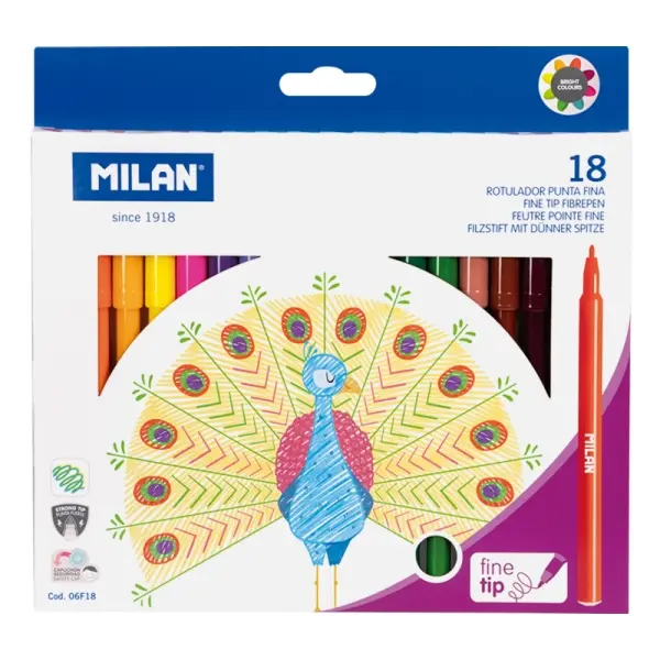 Milan Pack de 18 Rotuladores Tinta al Agua Punta Fina 2mm Colores Surtidos