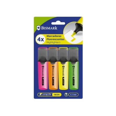 Bismark Pack De 4 Marcadores Fluorescentes - Punta Biselada 2 - 5Mm Aprox - Tinta Base De Agua - Larga Duracion - Colores Neon Surtidos