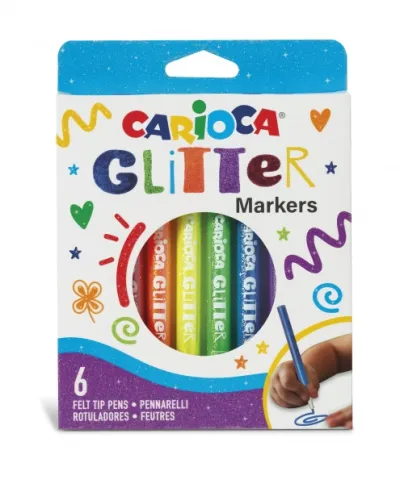 Carioca Glitter Caja 6 Rotuladores - Punta Ø 1Mm - Tinta Liquida A Base De Agua - Punta De Alta Calidad - Efecto Glitter - Resistente A La Luz - Color Varios