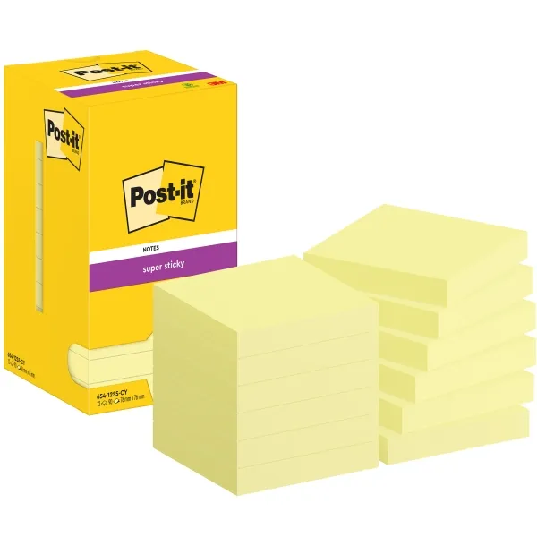 Post-It Super Sticky Pack De 12 Blocs De 90 Notas Adhesivas Reposicionables - 76X76Mm - Paquete De Carton - Color Amarillo Claro