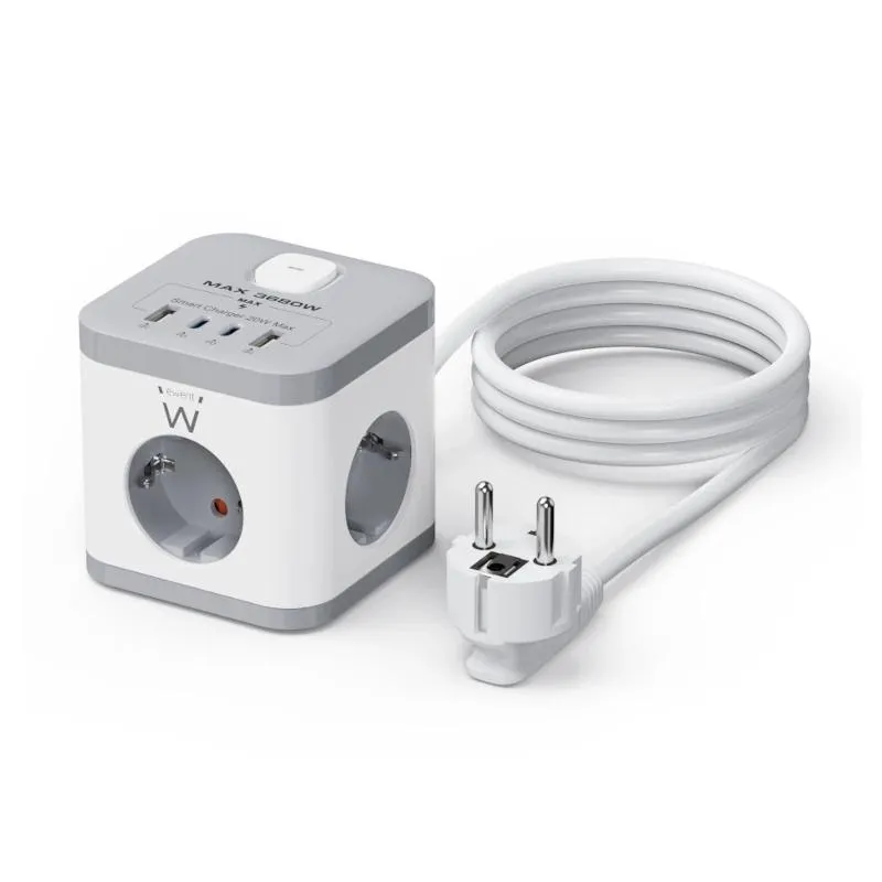 Ewent Regleta de Sobremesa 6 Tomas Schuko 16A, 2x USB-A, 2x USB-C, 1.5m, Blanco/Gris