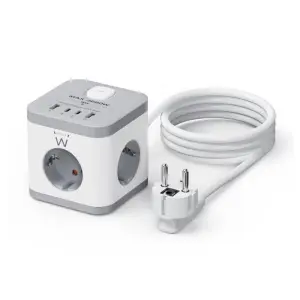 Ewent Regleta de Sobremesa 6 Tomas Schuko 16A, 2x USB-A, 2x USB-C, 1.5m, Blanco/Gris