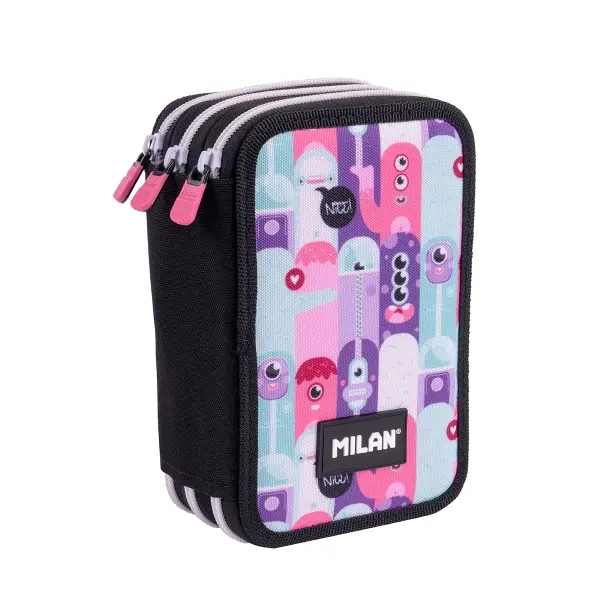 Milan Plumier Aliens 2 de 3 Pisos con Goma de Borrar, Sacapuntas, Lápiz, 3 Bolígrafos, Regla, 12 Lápices de Colores, 6 Lápices Metalizados, 5 Fluorescentes, Tijeras y 18 Rotuladores - Rosa 19.5x13x7.5cm
