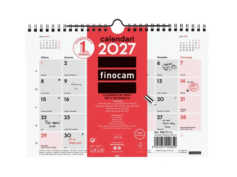 Finocam Calendario de Pared Neutro en Catalán Anual 2027 Mes Vista 210x150mm Espiral Doble Rojo y Blanco