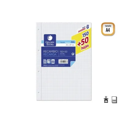Golden Recambio 200 Hojas 90gr Cuadricula 4x4 A4 con 4 Taladros