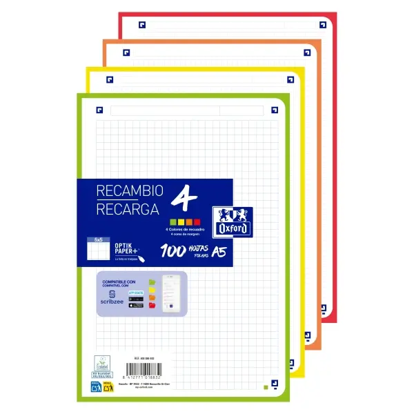 Oxford Recambios A5 100 Hojas Cuadricula 5x5mm 4 Taladros Bandas Surtidas