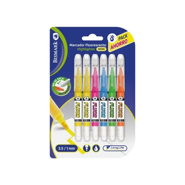 Bismark Pack de 6 Marcadores Fluorescentes Neón con Punta Biselada - Colores Surtidos
