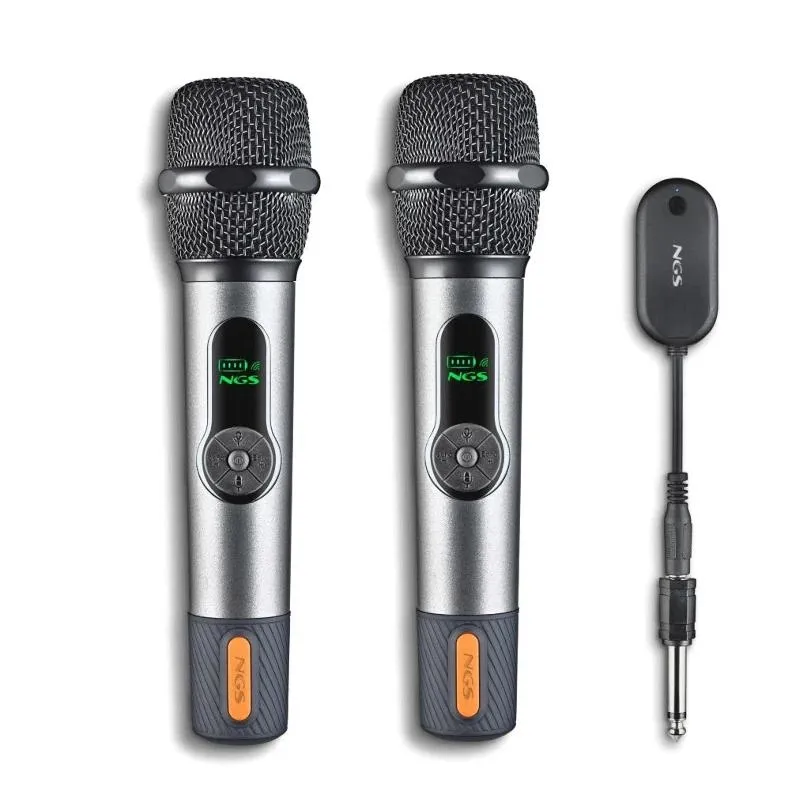 NGS SingerStar Duo Kit - Micrófono Inalámbrico Vocal Dinámico - Alcance 15m - Autonomía 30h - Entrada Jack 3.5 y 6.3 - Color Negro