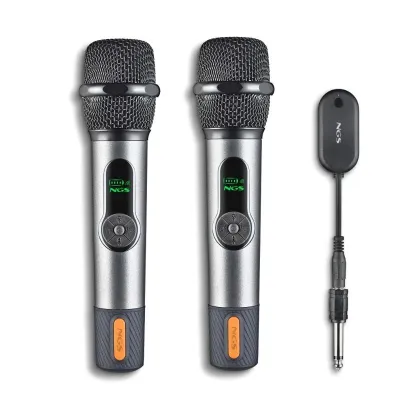 NGS SingerStar Duo Kit - Micrófono Inalámbrico Vocal Dinámico - Alcance 15m - Autonomía 30h - Entrada Jack 3.5 y 6.3 - Color Negro