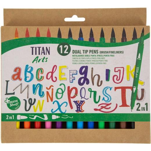 Titan Arts Rotuladores Doble Punta Fina/Pincel Colores Surtidos Estuche 12 Ud