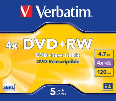Verbatim DVD+RW 4.7GB 4X 5 Pack Jewel Case Superficie Mate Plata
