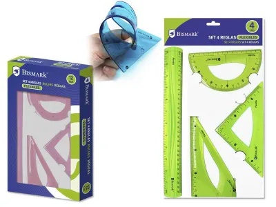 Bismark Pack de 4 Reglas Flexibles, Regla Recta, Transportador, Escuadra, Cartabón