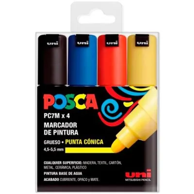 Posca Marcador Pc-7M/4C No Permanente Punta Biselada 4.5-5.5Mm Colores Surtidos Basic -Estuche 4U-