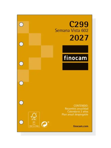 Finocam C299 Recambio Agenda Classic Anual 2027 Semana Vista Horizontal 602 73x114mm 6 Taladros Papel 80g/m2 Color Blanco