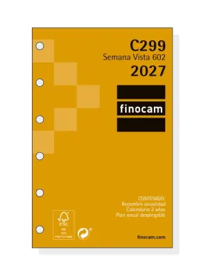Finocam C299 Recambio Agenda Classic Anual 2027 Semana Vista Horizontal 602 73x114mm 6 Taladros Papel 80g/m2 Color Blanco