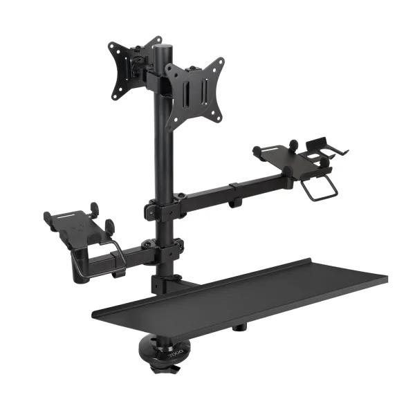 Tooq Soporte De Mesa Para 2 Monitores De 17"-32" + Soportes Para Impresora Tpv, Lector De Codigos, Datafono + Bandeja Para Teclado Y Raton - Gestion De Cables - Peso Max 9Kg X Brazo - Vesa 100X100Mm