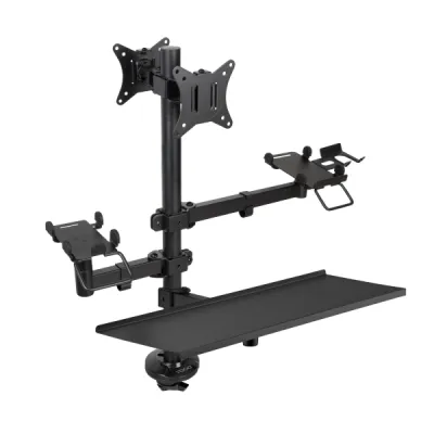 Tooq Soporte de Mesa para 2 Monitores 17"-32", Soporte para Impresora y Bandeja para Teclado, VESA 100x100mm, Peso Max 9kg por Brazo