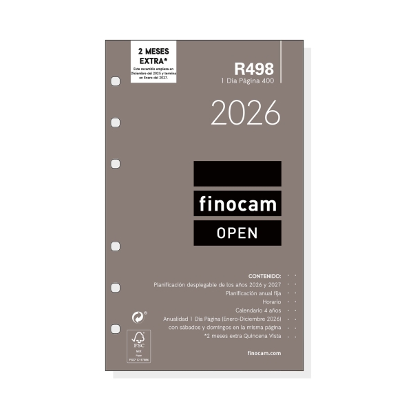 Finocam R498 Recambio Anual 2026 Para Agendas Open 2026 - Formato 400 - 91X16X152Mm - 1 Dia Por Pagina - Color Blanco