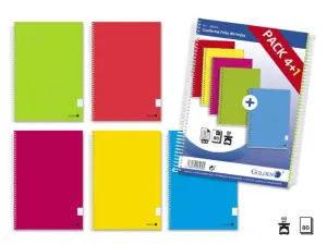 Golden Pack de 5 Cuadernos Espiral 80 Hojas Cuadricula 4x4 Colores Surtidos