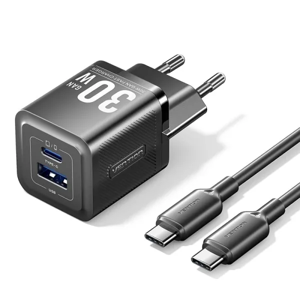 Vention Cargador De Pared Gan Usb-C 30W - Cable Usb-C 1M - Color Negro