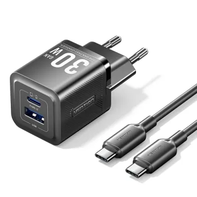 Vention Cargador de Pared GaN USB-C 30W con Cable USB-C 1m Negro