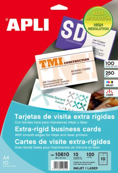 Apli Pack de 100 Tarjetas de Visita 250g - 10 Hojas de 10 Tarjetas - Blanco Mate