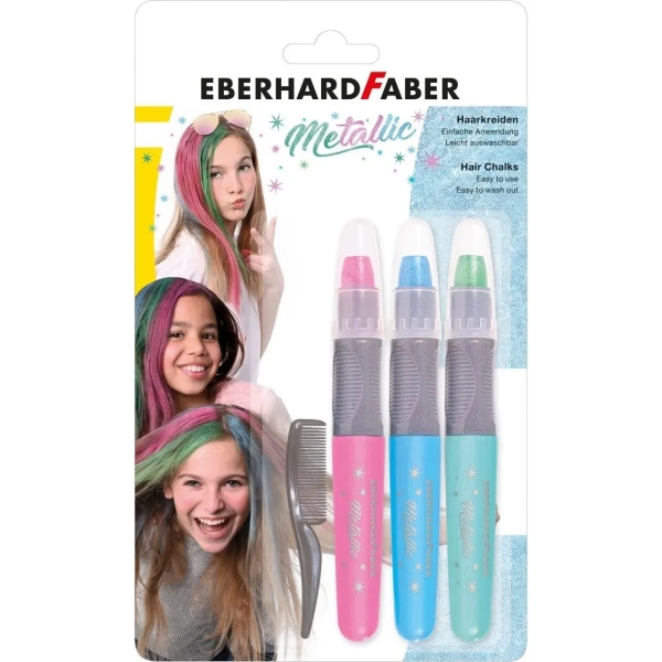 Eberhard Faber Pack De 3 Tizas Metallic Para El Cabello + 1 Mini Peine - Aplicar Sobre El Cabello Seco - Utilice El Peine Para Dispensar El Color - Facil De Lavar - Colores Rosa, Azul, Verde Metalizados