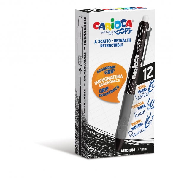 Carioca Oops Boligrafo Borrable Retractil - Tinta Termo Sensible - Empuñadura Ergonomica Triangular - Punta De Ø 0.7Mm - Recambios Compatibles - Color Negro