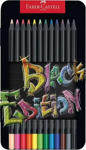 Faber-Castell Black Edition Caja Metálica 12 Lápices de Colores Mina Supersuave Madera Negra
