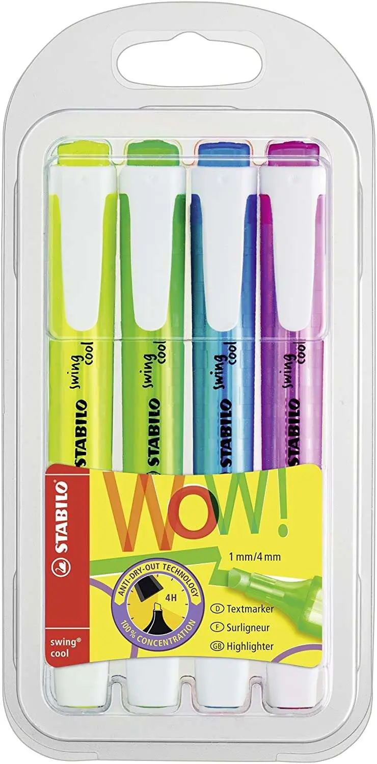 Stabilo Swing Cool Pack De 4 Marcadores Fluorescentes - Cuerpo Plano - Punta Biselada - Trazo Entre 1 Y 4Mm - Tinta Con Base De Agua - Antisecado - Colores Surtidos