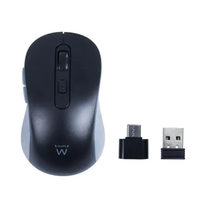 Ewent Ratón Inalámbrico USB 1600dpi - 6 Botones - Receptor USB-A y USB-C - Ambidiestro - Negro/Gris