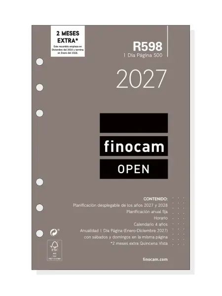 Finocam R598 Recambio Agenda Open Anual 2027 1 Día por Página 117x181mm 6 Taladros