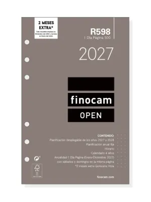 Finocam R598 Recambio Agenda Open Anual 2027 1 Día por Página 117x181mm 6 Taladros