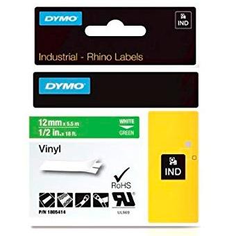 Dymo Rhino Cinta De Etiquetas Industrial Adhesiva Id1-12, Blanco Sobre Verde De 12Mmx5´5M, Vinilo