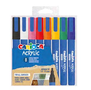 Carioca Acrylic Pack De 8 Marcadores De Pintura Acrilica - Punta Redonda Media 1.8-2.5Mm - Tinta A Base De Agua - Alta Cobertura - Colores Surtidos