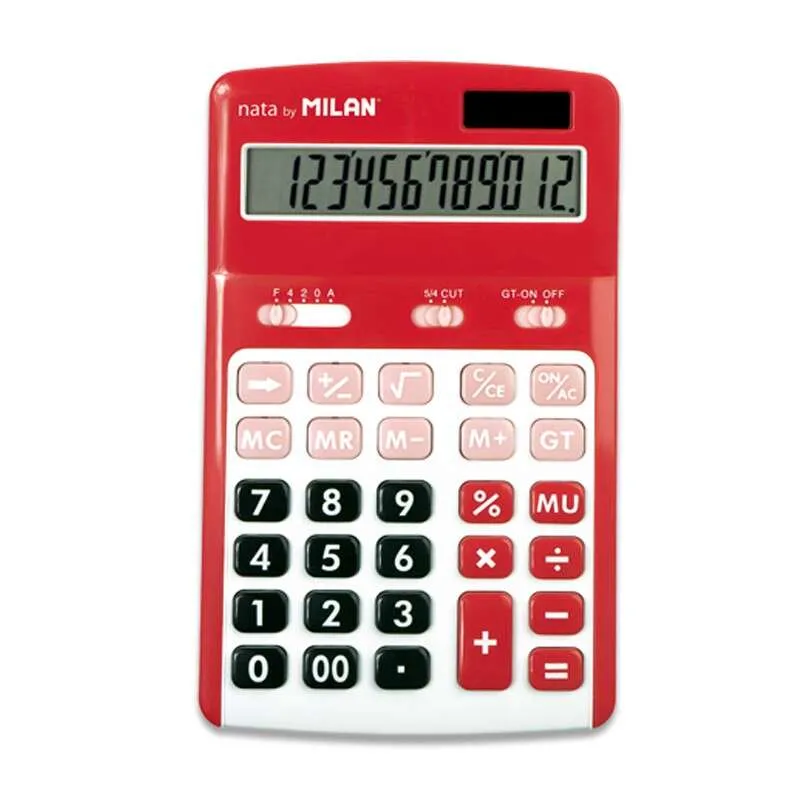 Milan Calculadoras De 12 Digitos - 3 Teclas De Memoria - Calculo De Margenes - Raiz Cuadrada - Apagado Automatico - Color Rojo Y Blanco