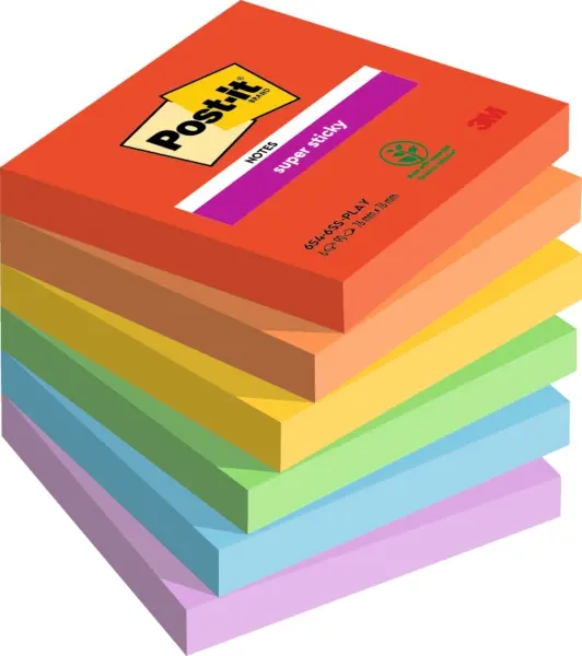 Post-it Super Sticky Pack de 6 Blocs de 90 Notas Adhesivas Reposicionables 76x76mm Colores Surtidos