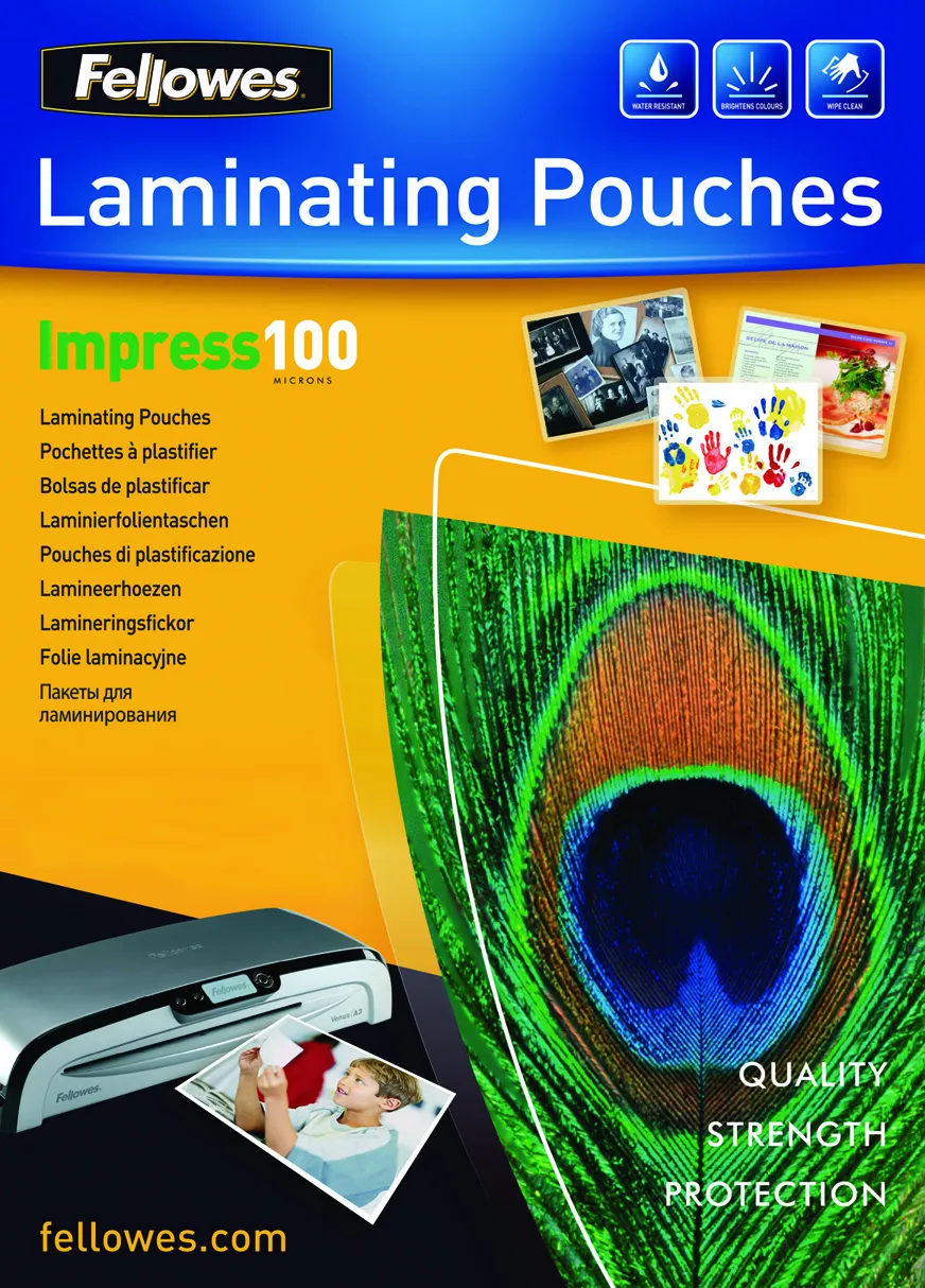 Fellowes Pack de 100 Fundas para Plastificar Brillo A4 - 100 Micras - Alta Calidad - Transparente