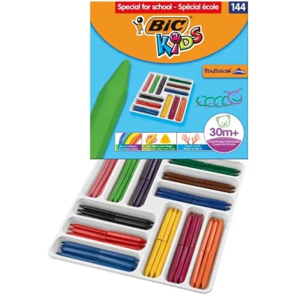 Bic Kids Plastidecor Triangle Caja De 144 Lapices De Cera - Facil De Sacar Punta - No Mancha - Ideal Para Escuelas Infantiles - Colores Surtidos