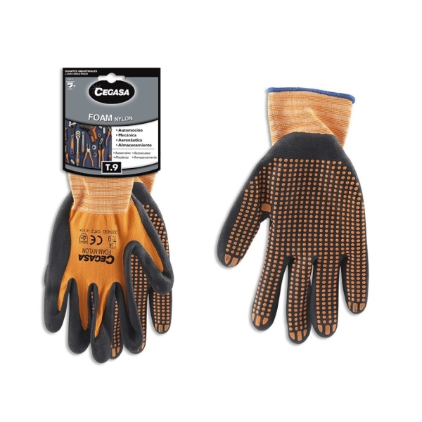 Cegasa Guantes De Trabajo Talla 9 - Fabricados En Nylon Con Recubimiento De Foam Con Dots De Nitrilo En Palma - Color Negro/Naranja