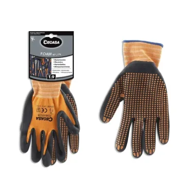 Cegasa Guantes de Trabajo Talla 9 Nylon con Recubrimiento de Foam y Dots de Nitrilo Negro/Naranja